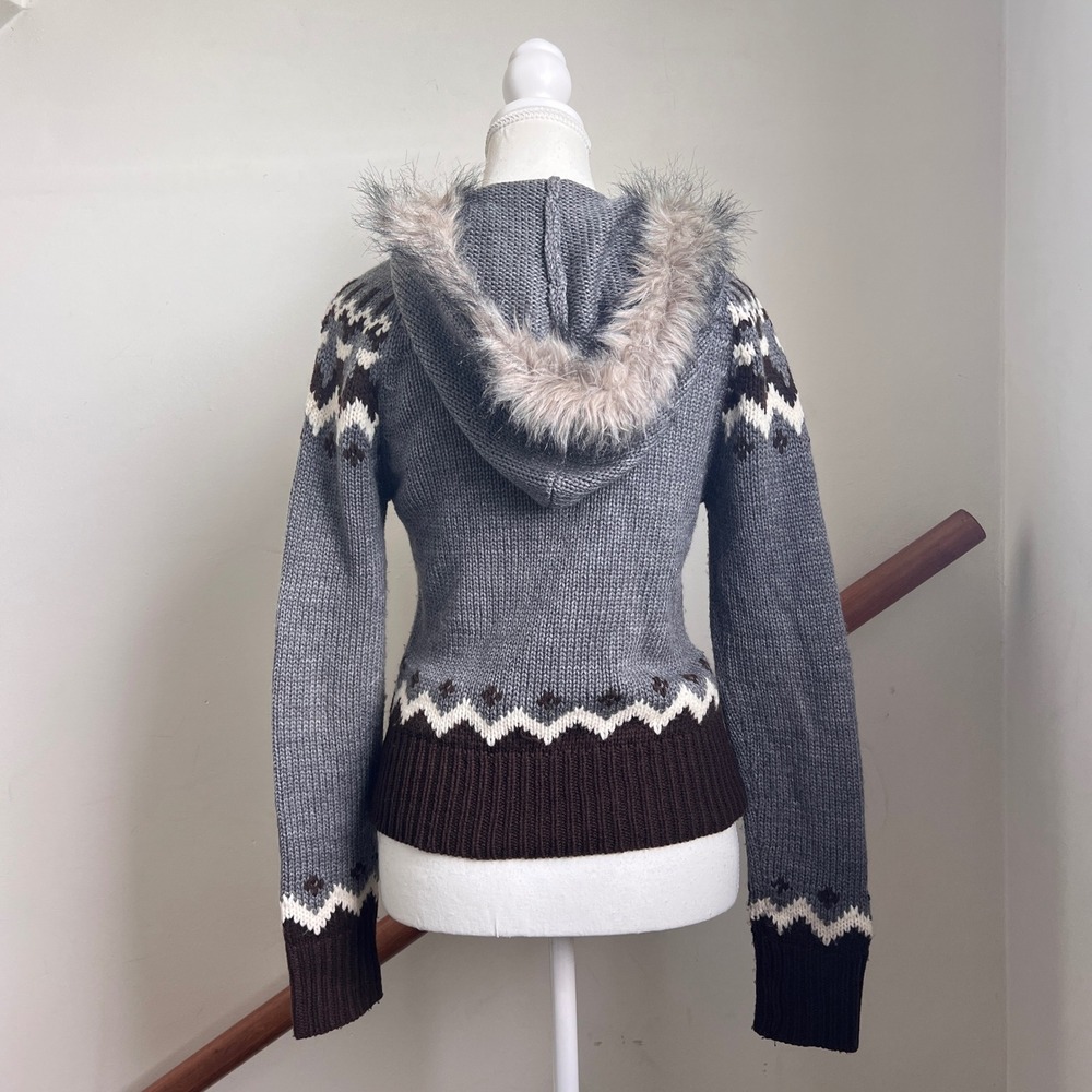 Vintage 90s Energie Fair Isle Faux Fur Hooded Sweater Grey Y2K Gorpcore Preppy - Picture 4 of 10